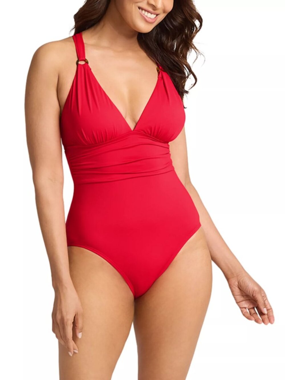 148$ Tommy Bahama Pearl V Neck Cross Back One Piece Swimsuit Size 14 Red